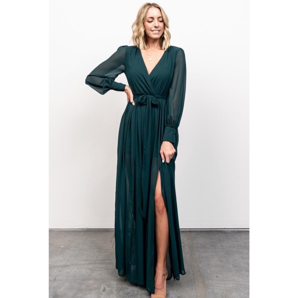 Baltic Born Celine Double Slit Long Sleeve V Neck Maxi Dress in Baltic Blue